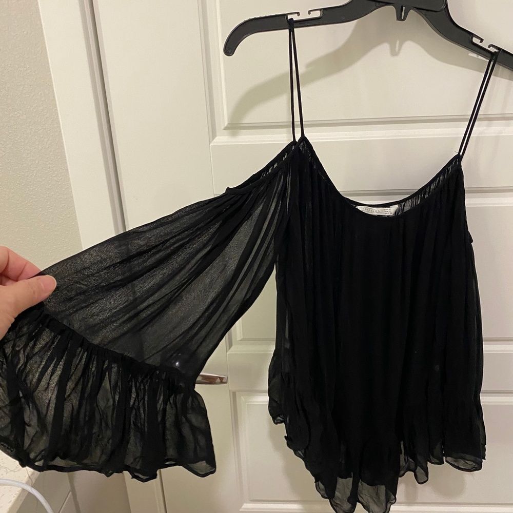 Zara Trafaluc Cold Shoulder Top Black Ruffle Chiffon Spaghetti Strap Blouse L - Picture 4 of 12